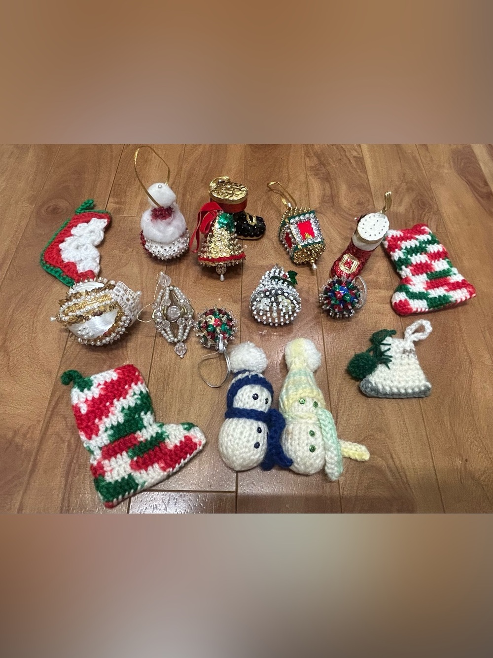Vintage 1970s Handmade Christmas Ornaments Crochet Beaded Lot 16pc